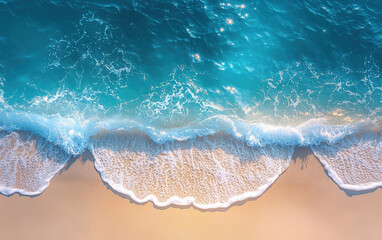 Wall Mural - Aerial view of a turquoise ocean wave gently crashing on a sandy beach. The sunlight sparkles on the water, creating a serene coastal scene.