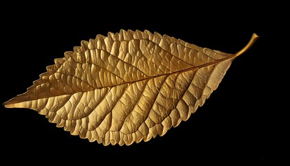 Wall Mural - Golden leaf showcasing intricate texture and veins against a striking black backdrop