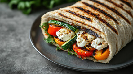 Wall Mural - Close-up of a delicious grilled vegetable wrap with fresh zucchini, bell peppers, and creamy feta cheese on a dark plate.