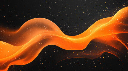 Poster - Vibrant abstract orange wave with particles on black background. Dynamic fluid motion and glowing light trails create a mesmerizing visual effect.