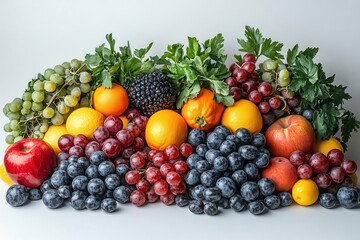 bountiful harvest still life vibrant fruits and vegetables artfully arranged on pristine white backdrop crisp details natural textures and vivid colors create appetizing composition