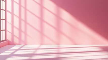 Poster - Sunlight streaming through windows casting geometric shadows on a pink wall, creating a minimalist and serene atmosphere in a bright, modern space.