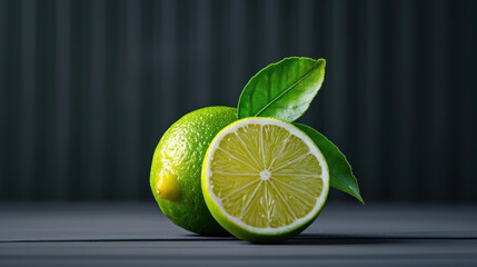 Close-up of a fresh lime with a halved lime and leaves, placed on a dark textured surface.