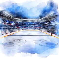 Canvas Print - Watercolor Painting of a Hockey Rink in a Modern Arena.