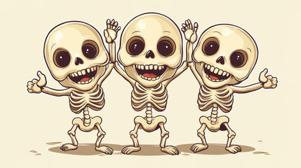 Wall Mural - Cute cartoon skeletons illustration on beige background. Hand drawn style. Halloween spooky holiday design.