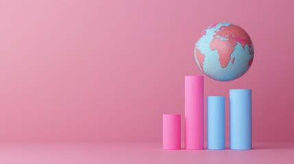 A minimalist globe and bar chart on a simple pink background, representing growth and statistical analysis in business.