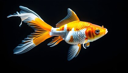 Vibrant goldfish with orange and white scales gracefully swimming in the depths of a dark background