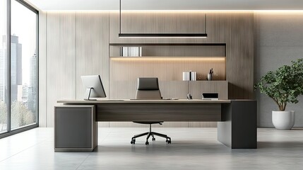 Wall Mural - A minimalist modern office featuring a large desk and an adjustable ergonomic chair, with technology neatly arranged.