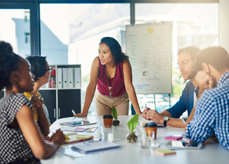 Poster - Presentation, woman and business people in meeting with collaboration, discussion and leadership in office. Creative, planning and design team at startup agency with ideas, mission or development