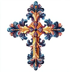 A vibrant, ornate cross design featuring intricate patterns and a rich color palette, perfect for religious or decorative purposes.