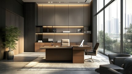 Poster - A modern office with a large executive desk, a comfortable chair, and large windows letting in natural light.