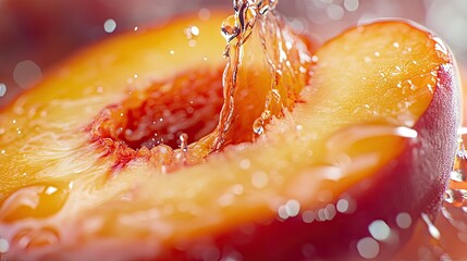 A mouth-watering close-up of a juicy peach slice with its nectar splashing, full of summer vibes.