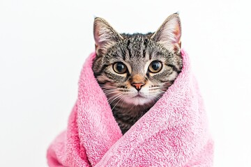 A cute, fluffy cat wrapped snugly in a pink towel, showcasing its playful personality and adorable eyes.