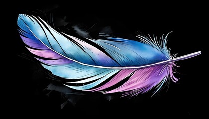 Wall Mural - Vibrant blue and purple watercolor feather gracefully set against a deep black backdrop