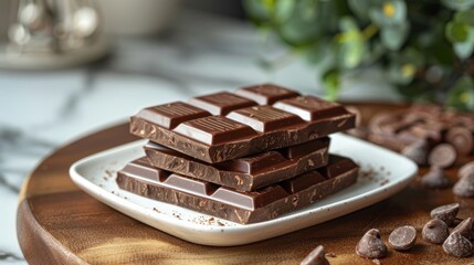 Deliciously crafted rich chocolate bars stacked on a rustic wooden platter surrounded by chocolate chips. Generative AI