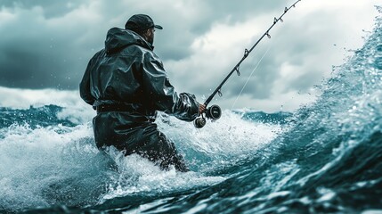 Wall Mural - A man is fishing in rough water.