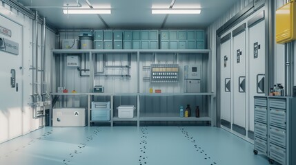 Poster - Blueprint of a secure storage area for hazardous materials, featuring labeled cabinets, safety locks, and proper ventilation for safe chemical handling.
