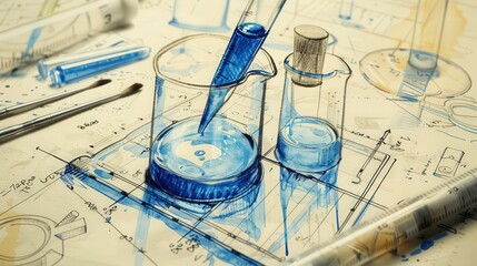 Poster - Blueprint of a test tube being used for a titration, highlighting the addition of a titrant to a solution within the tube