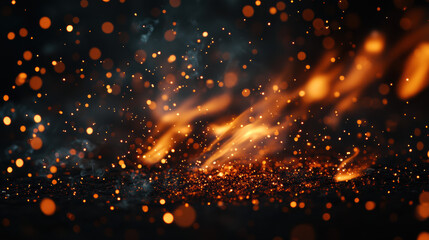 Poster - Mesmerizing close-up of glowing embers with orange sparks flying against a dark background, capturing the warmth and intensity of a fire in stunning detail.