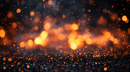 Poster - Abstract defocused image of orange and yellow bokeh lights with sparks on a dark background, perfect for festive or atmospheric designs.