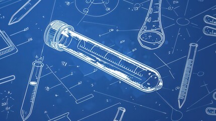 Poster - Blueprint of a test tube with a magnetic stirrer, illustrating how the stirring process helps dissolve or mix substances within the tube for uniform reaction conditions