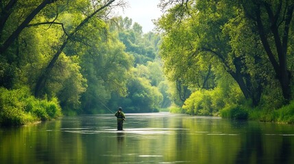 Canvas Print - A man is fishing in a river surrounded by trees.