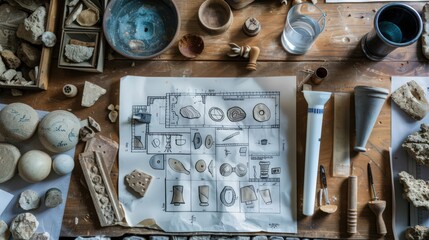Poster - Blueprint of an archaeological laboratory, showing the process of cleaning, cataloging, and analyzing artifacts recovered from excavation sites.