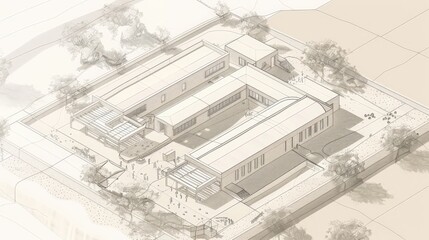 Blueprint of an archaeological research center, featuring facilities and resources for conducting studies