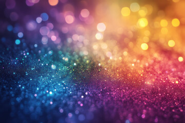 Poster - A mesmerizing gradient of glittery bokeh lights in vibrant blues, purples, and yellows creating a magical, enchanting background or backdrop.