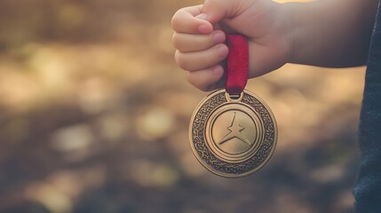 Wall Mural - Child's Hand Holding a Medal: A small child's hand holding a large medal, with a focus on the innocence and pride of the moment. 
