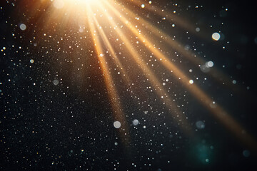 Poster - Abstract background with golden and white light beams, sparkling particles in dark, serene cosmic atmosphere, suitable for various designs.