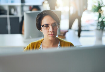 Poster - Small business, woman and graphic designer on computer for startup website, technology or software. Typing, online and creative editing at media agency on desktop for digital test, research or skills