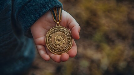 Wall Mural - Child's Hand Holding a Medal: A small child's hand holding a large medal, with a focus on the innocence and pride of the moment. 
