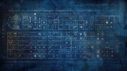 Fototapete - Blueprint of the periodic table showing the historical development of elements, including the contributions of key scientists and discoveries.