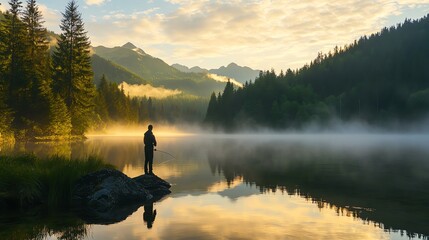 Canvas Print - A man is fishing in a lake with mountains in the background.