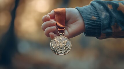 Wall Mural - Child's Hand Holding a Medal: A small child's hand holding a large medal, with a focus on the innocence and pride of the moment. 
