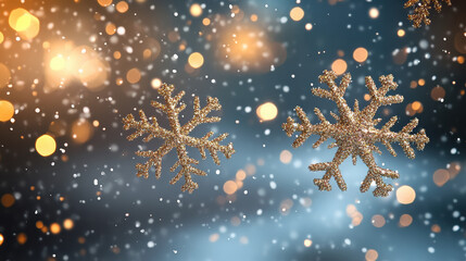 Poster - Sparkling golden snowflakes falling against a blurred background of bokeh lights, creating a festive and magical winter atmosphere.