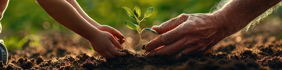 Wall Mural - a man with a child plants a sapling. Selective focus