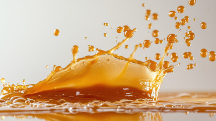 Poster - Close-up of vibrant orange liquid splash frozen in motion against a  white background, showcasing dynamic movement and fluid energy.
