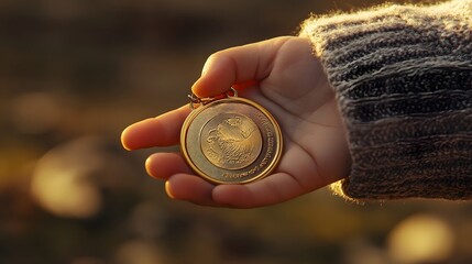 Wall Mural - Child's Hand Holding a Medal: A small child's hand holding a large medal, with a focus on the innocence and pride of the moment. 
