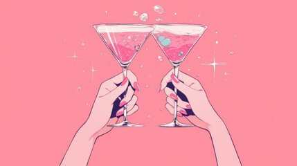 Two Female Hands with Long Nails Clinking Glasses of Pink Martini Cocktails for a Girls' Night Cheers