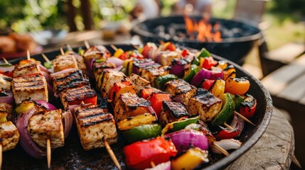 Delectable Grilled Vegetable Skewers on a Rustic Outdoor Setting