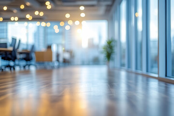 Poster - Modern open office space with wooden floors and large windows offering a panoramic city view, filled with warm, ambient lighting for a cozy atmosphere.
