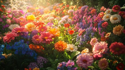 Wall Mural - Colorful Flower Garden with Sunbeams