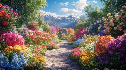 Poster - Stone Pathway Through Colorful Flower Garden with Mountain View