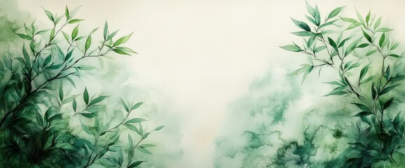 Wall Mural - Watercolor painting of green leaves on a white background with a blurred forest behind.