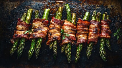 Wall Mural - Freshly grilled asparagus wrapped in crispy bacon, arranged on a dark background with dramatic lighting highlighting textures.