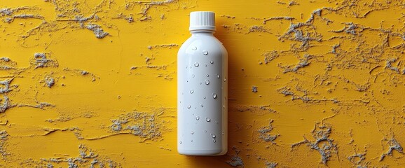 Wall Mural - White bottle with water drops on a yellow background.