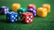 © savittree - Gaming dice in various bright colors, scattered over a green table, adding a playful and energetic atmosphere.