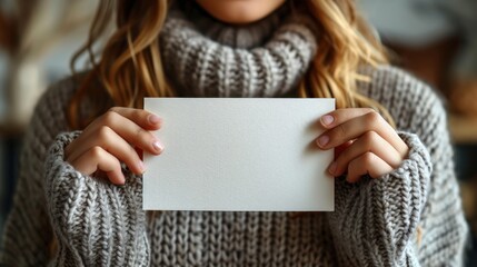 Cozy winter vibes with a person in a knitted sweater holding a blank card indoors in soft natural light. Generative AI